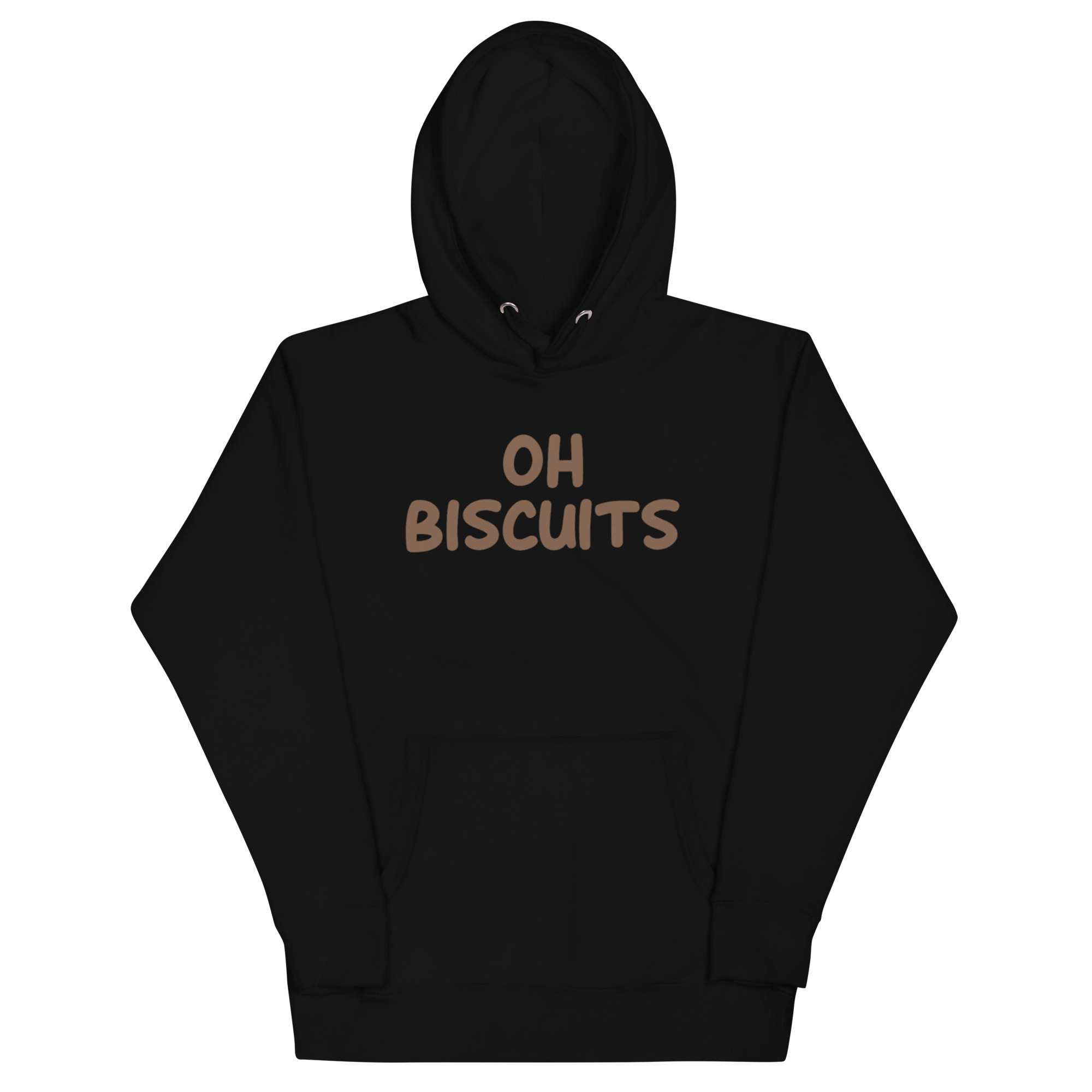 black oh biscuits hoodie with brown text in chunky font