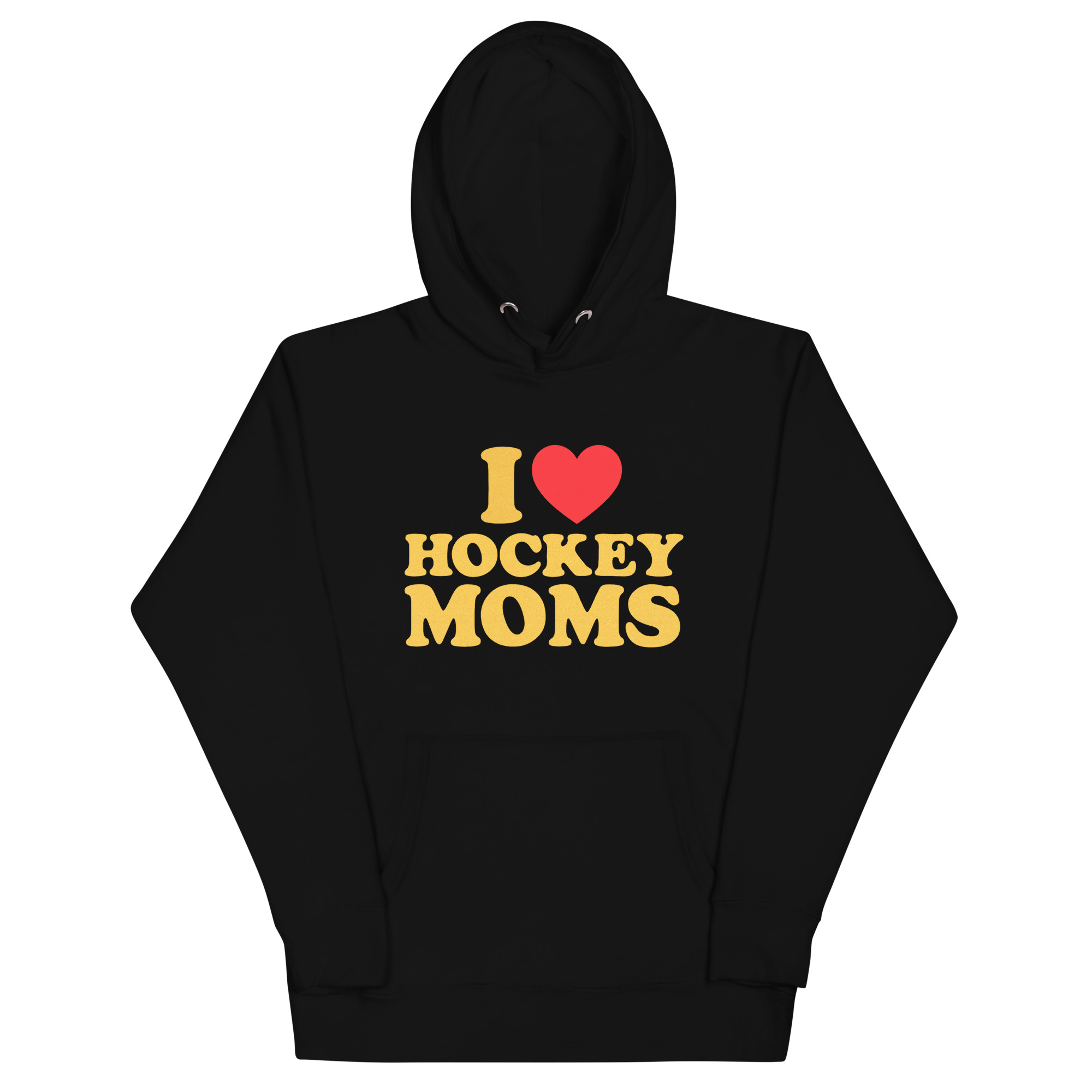 black i heart hockey moms hoodie with red heart and gold text