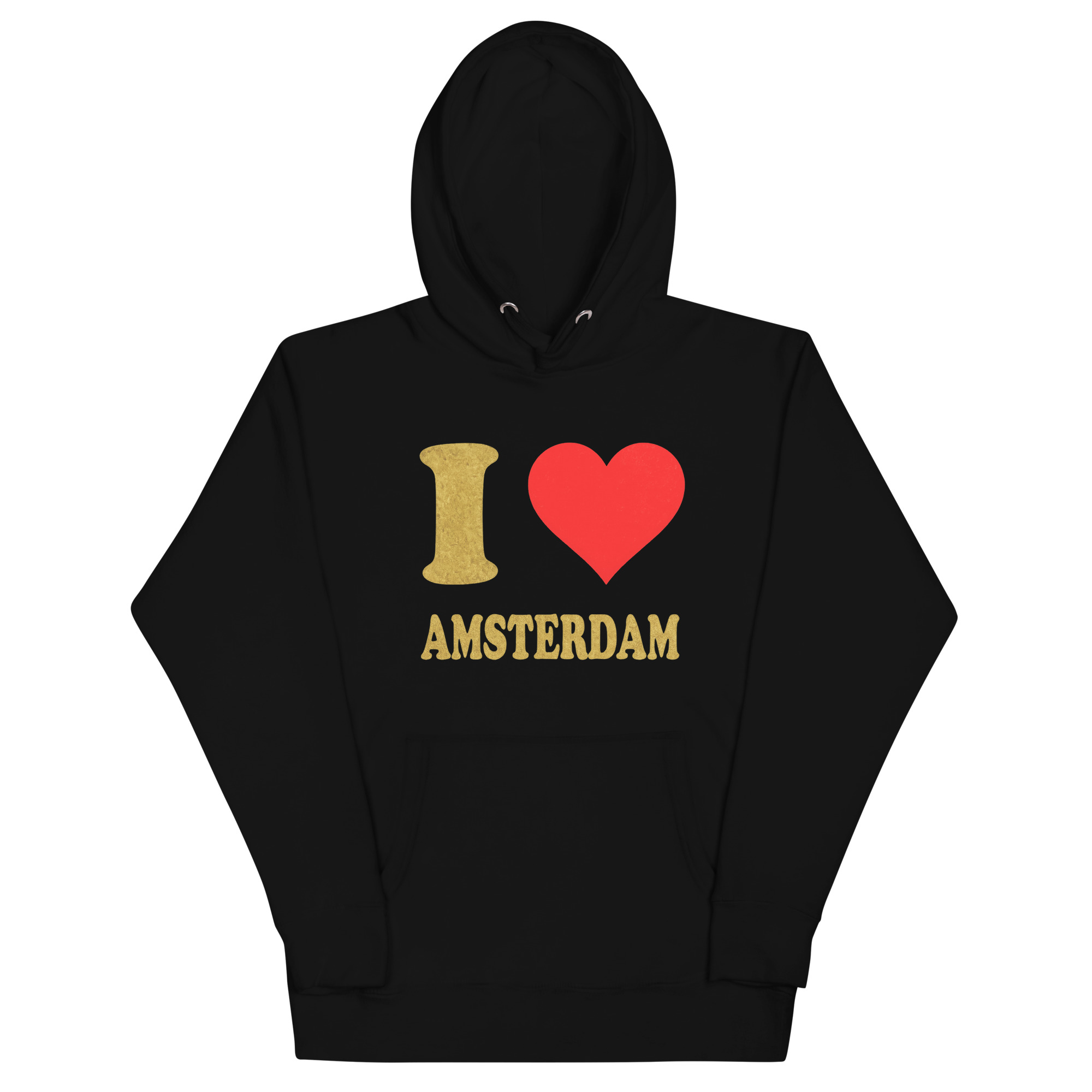 black i love amsterdam hoodie with red heart and gold text