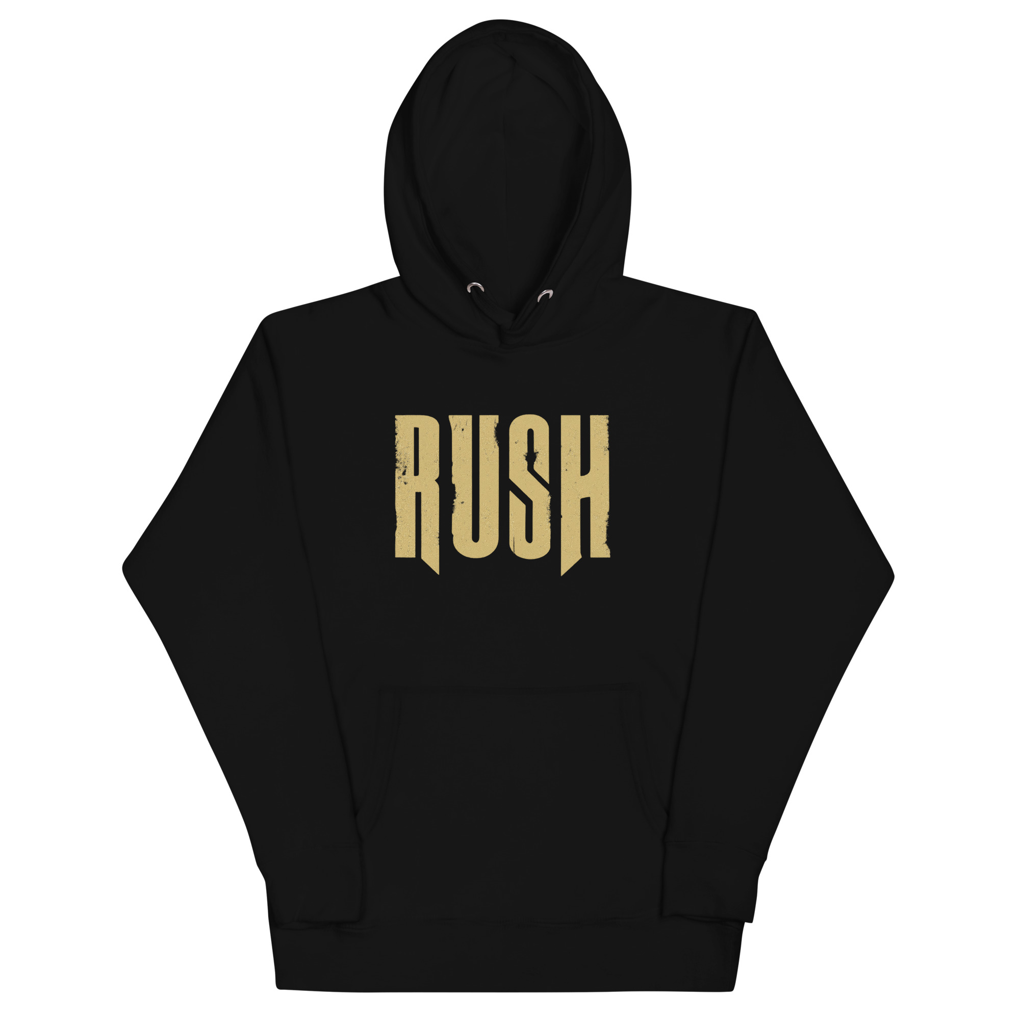 Black hoodie with bold “RUSH” text design – vintage rock-inspired streetwear