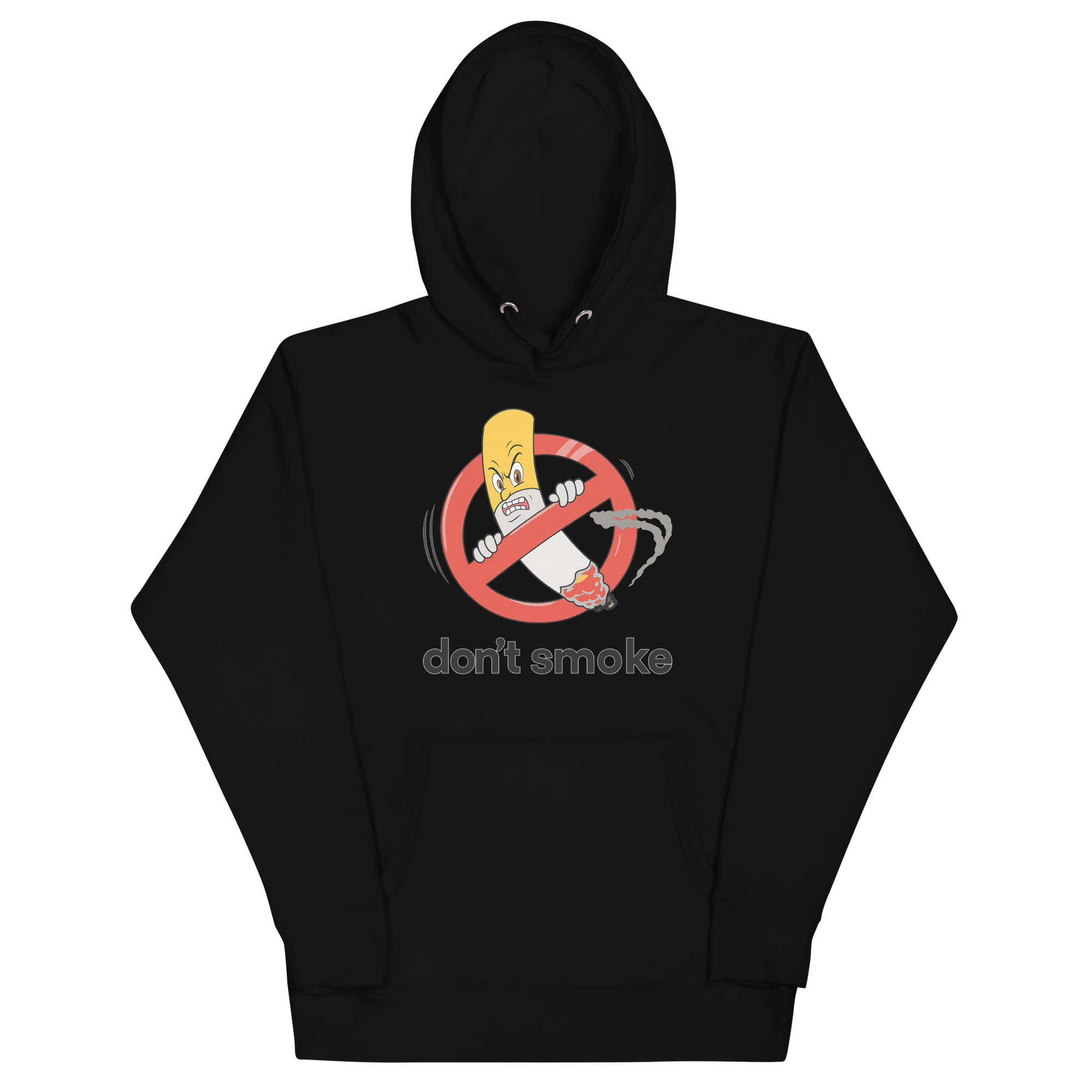 cartoon cigarette character crossed out with red sign on Don’t Smoke Hoodie