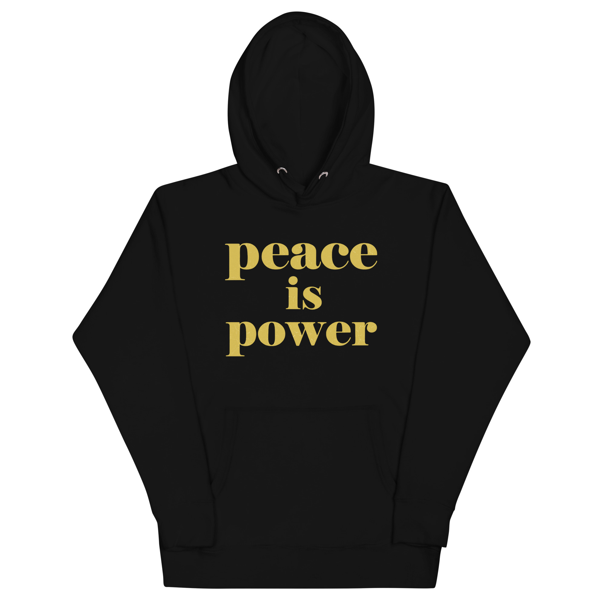 black peace is power hoodie with gold text design inspiring mindfulness and calm energy
