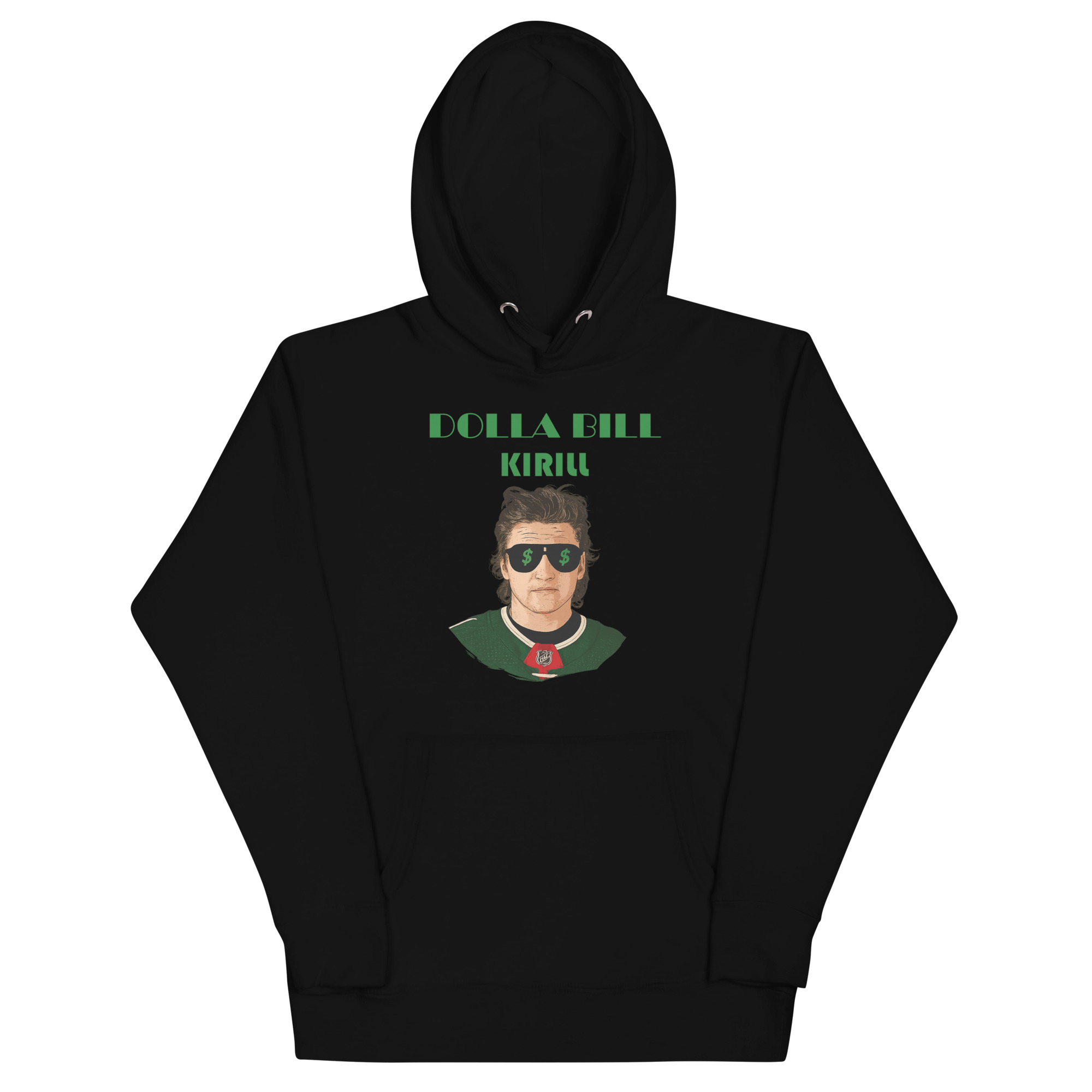 Black hoodie featuring a caricature of hockey player Kirill Kaprizov with 'Dolla Bill Kirill' text.