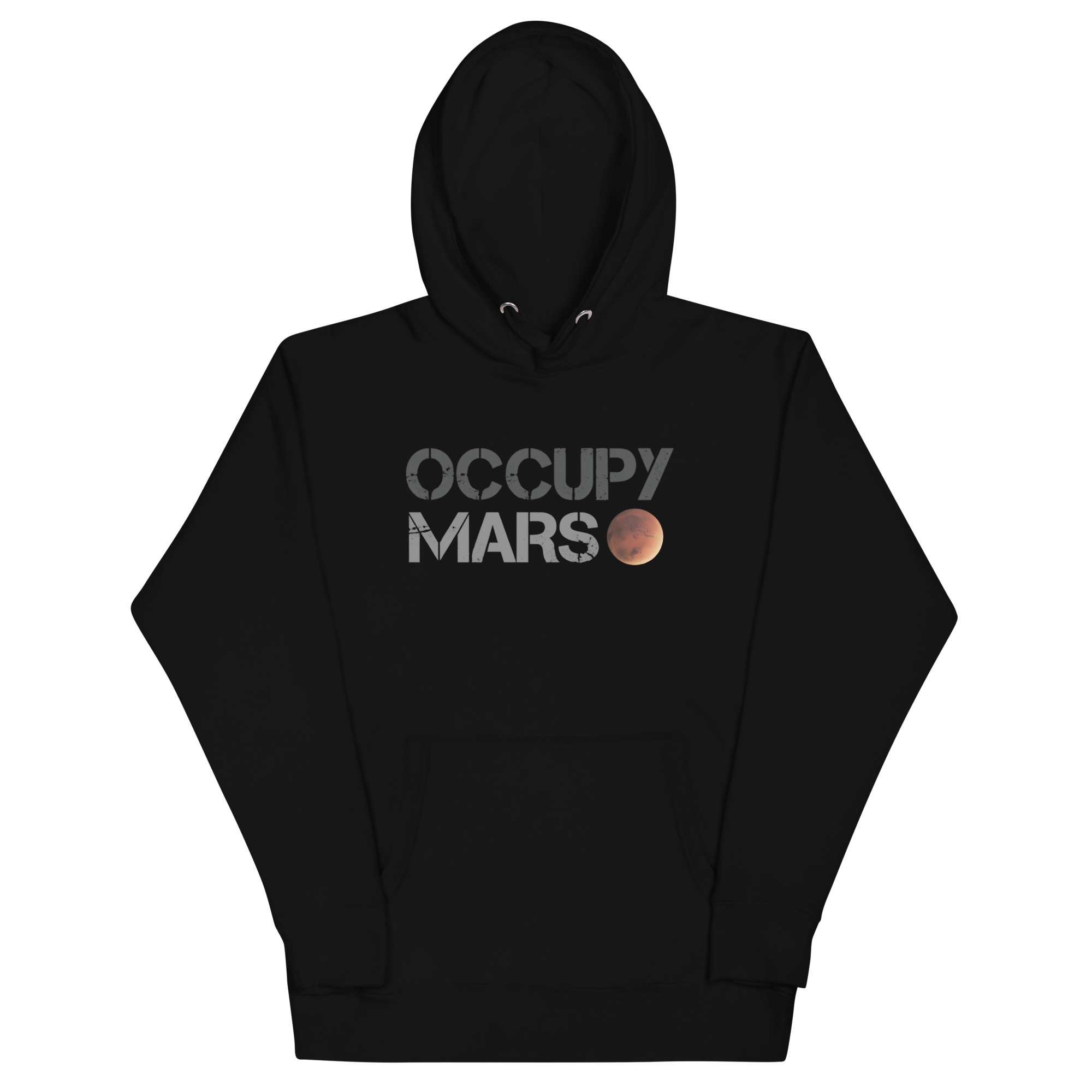 The Future is on Mars black hoodie with "Occupy Mars" text and planet graphic, space exploration apparel