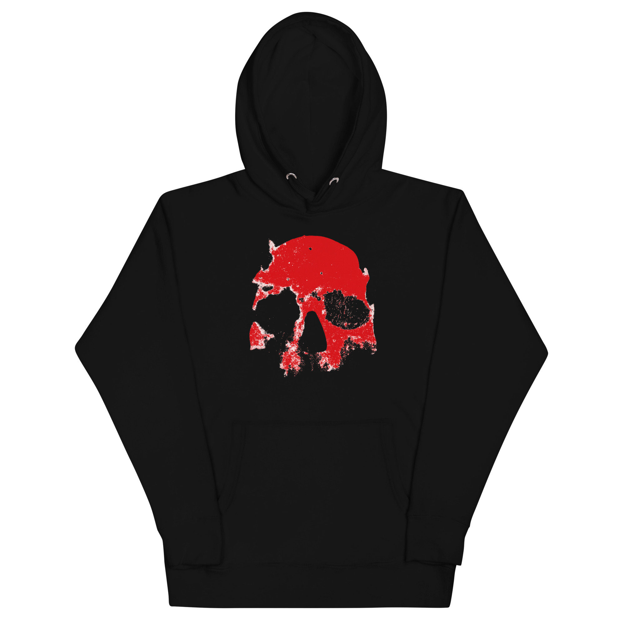 Red skull hoodie with distressed graphic for gothic and punk streetwear fans