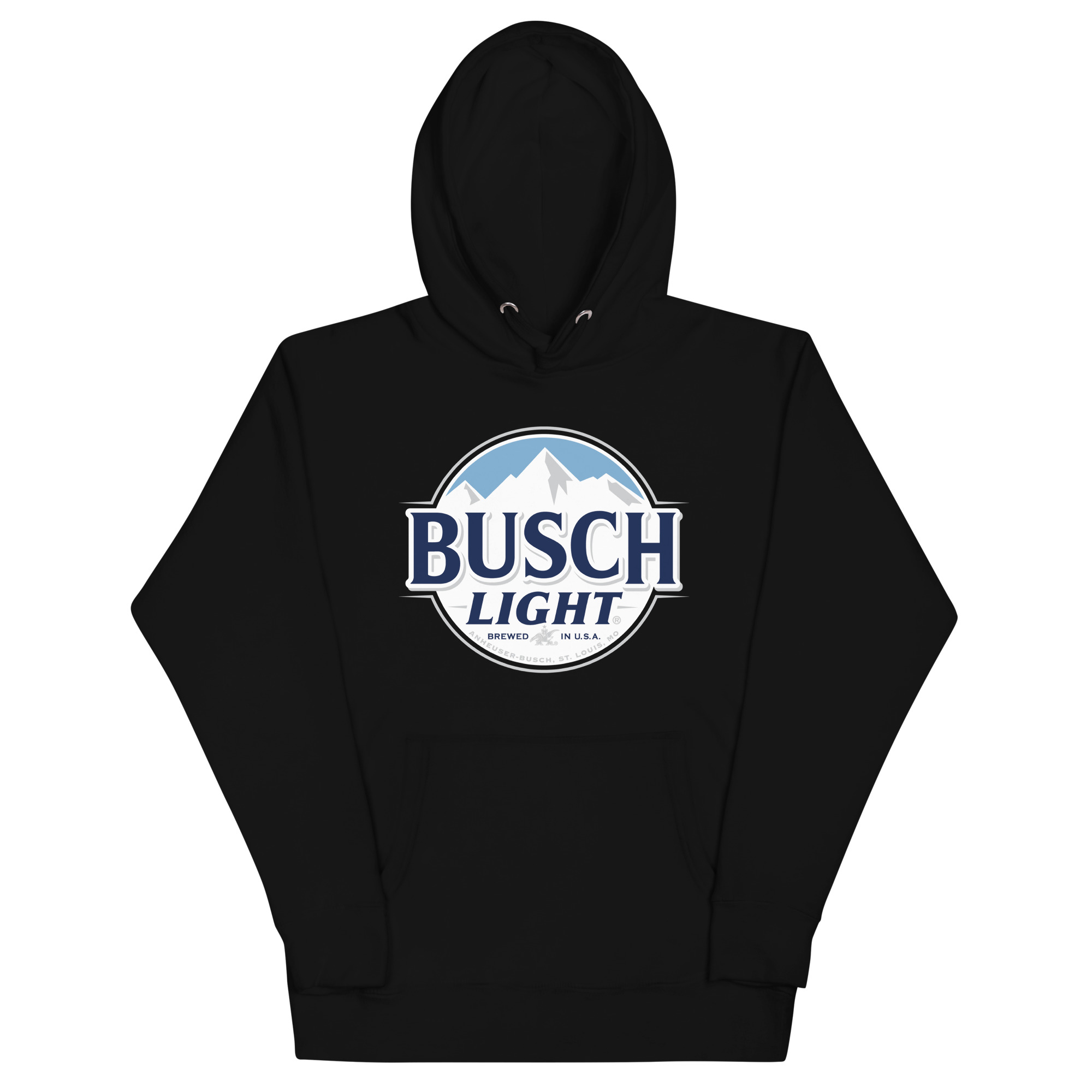 Front view of Busch Light hoodie with mountain crest logo and bold beer branding