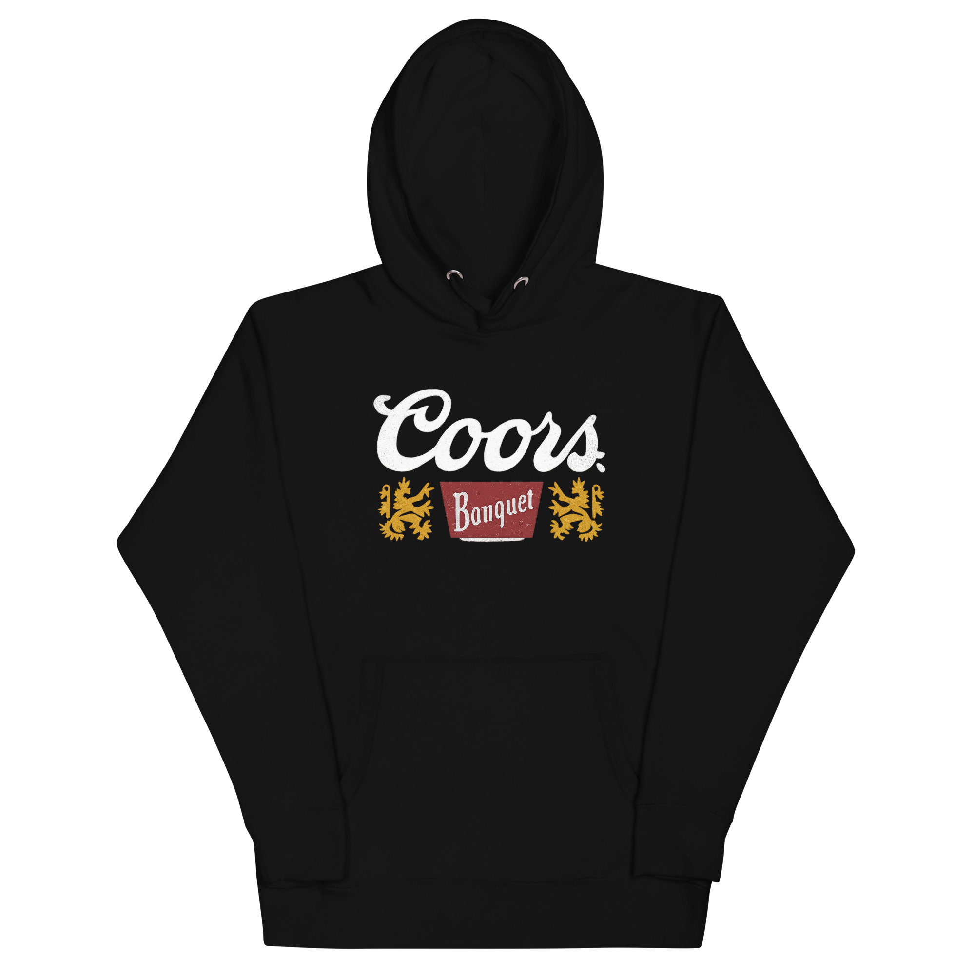 Front view of Coors Banquet hoodie with vintage beer logo and gold lion crest