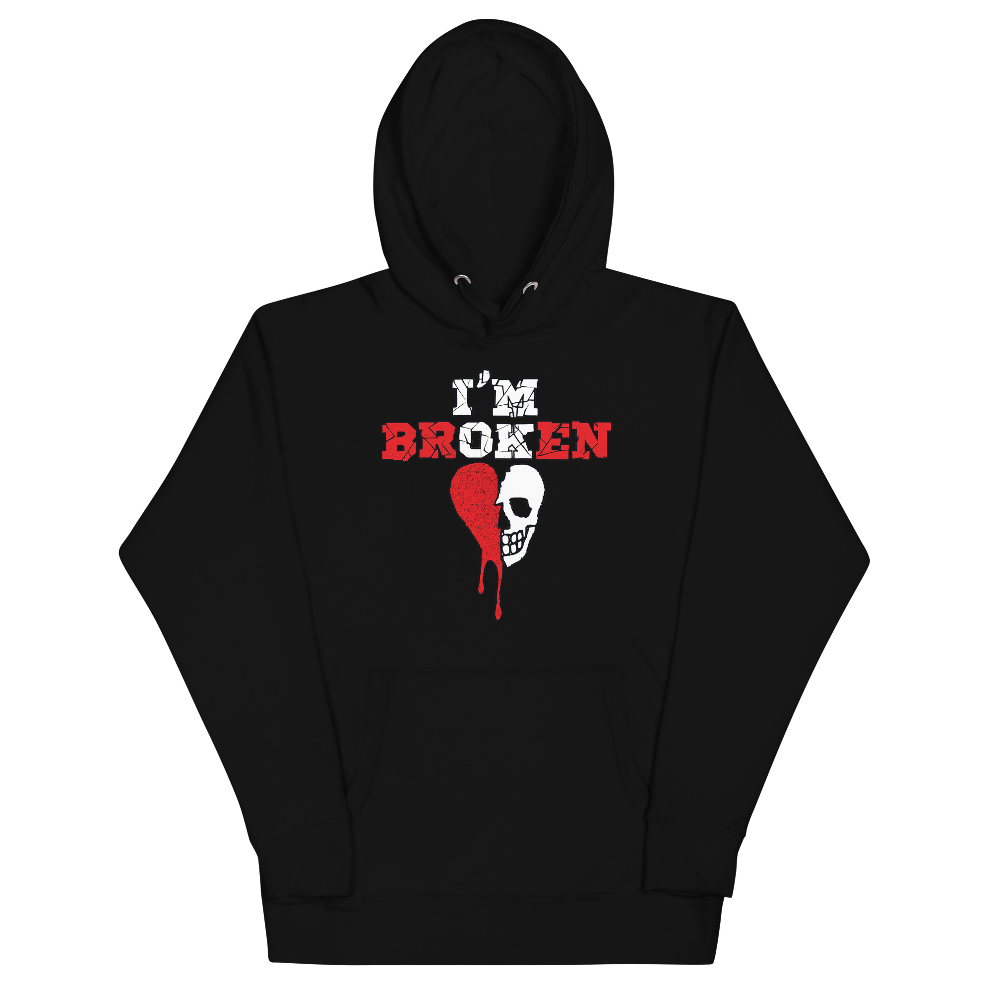 broken hearts skull hoodie with dripping red heart and skull graphic