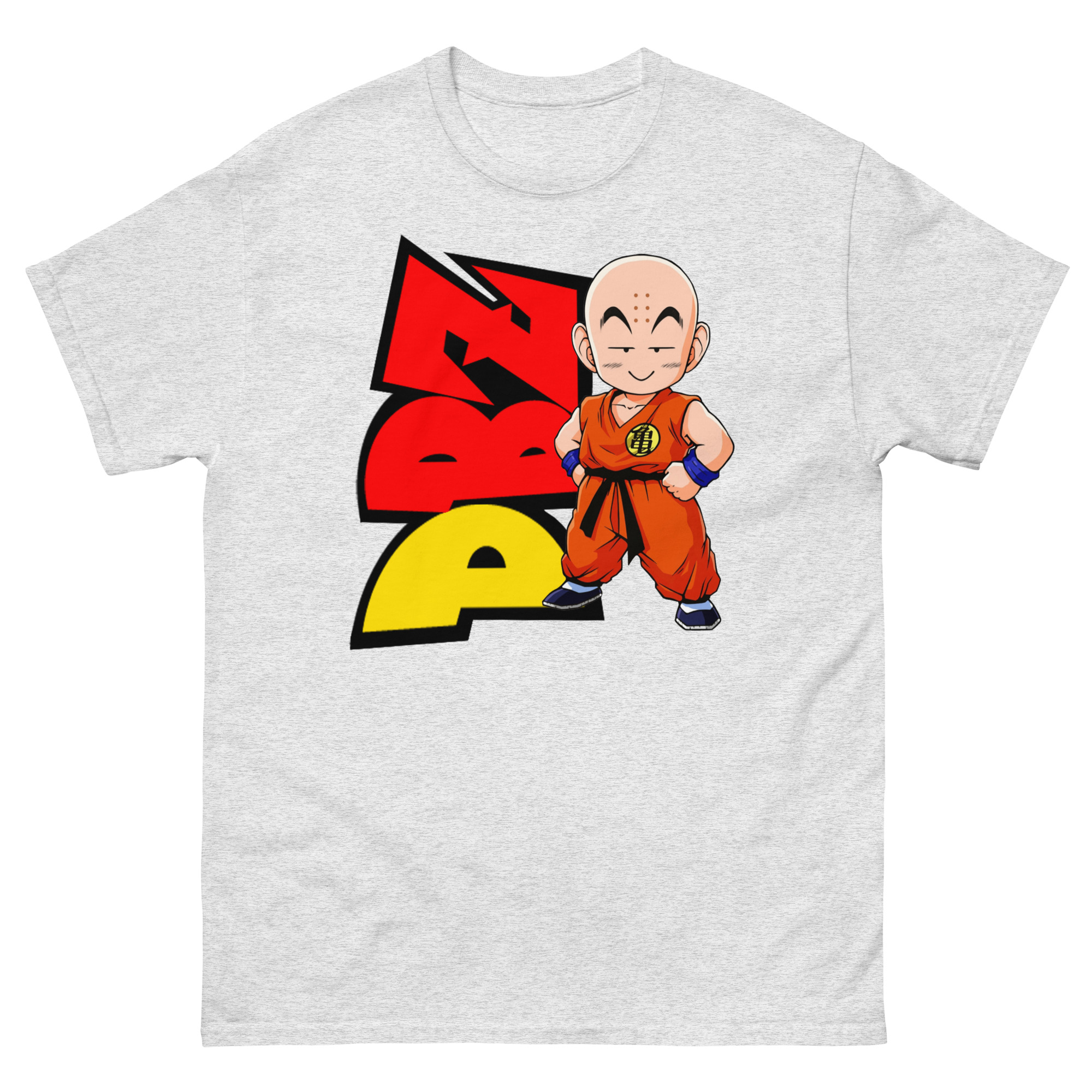 shirt with Illustration of Krillin from Dragon Ball Z smiling with hands on hips, wearing an orange Turtle School Gi, standing in front of a red and yellow DBZ logo