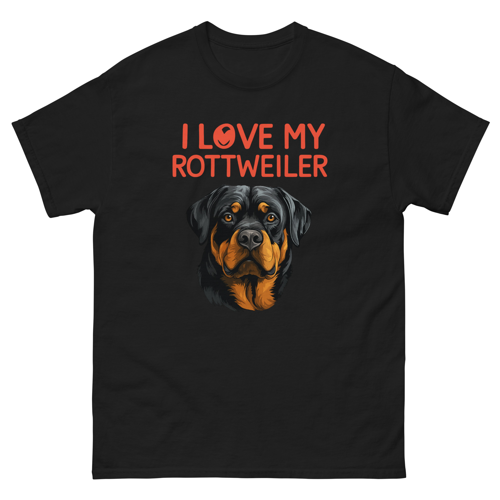 black t-shirt with illustrated Rottweiler face and text I Love My Rottweiler