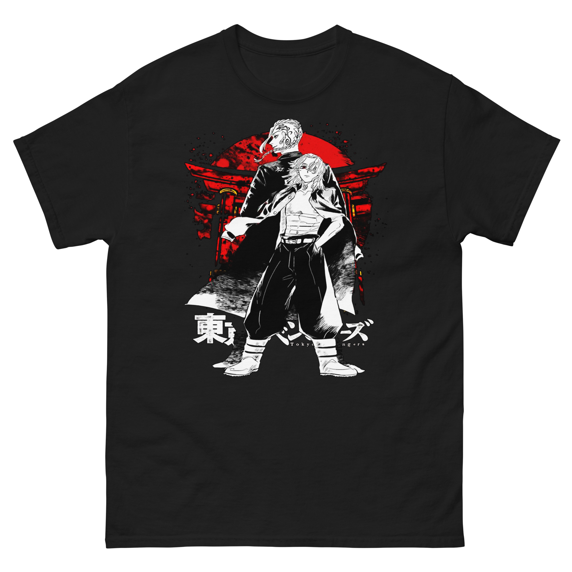 Graphic illustration of Manjiro Sano (Mikey) standing in front of Ken Ryuguji (Draken) with a red moon and Torii gate background on a t-shirt.