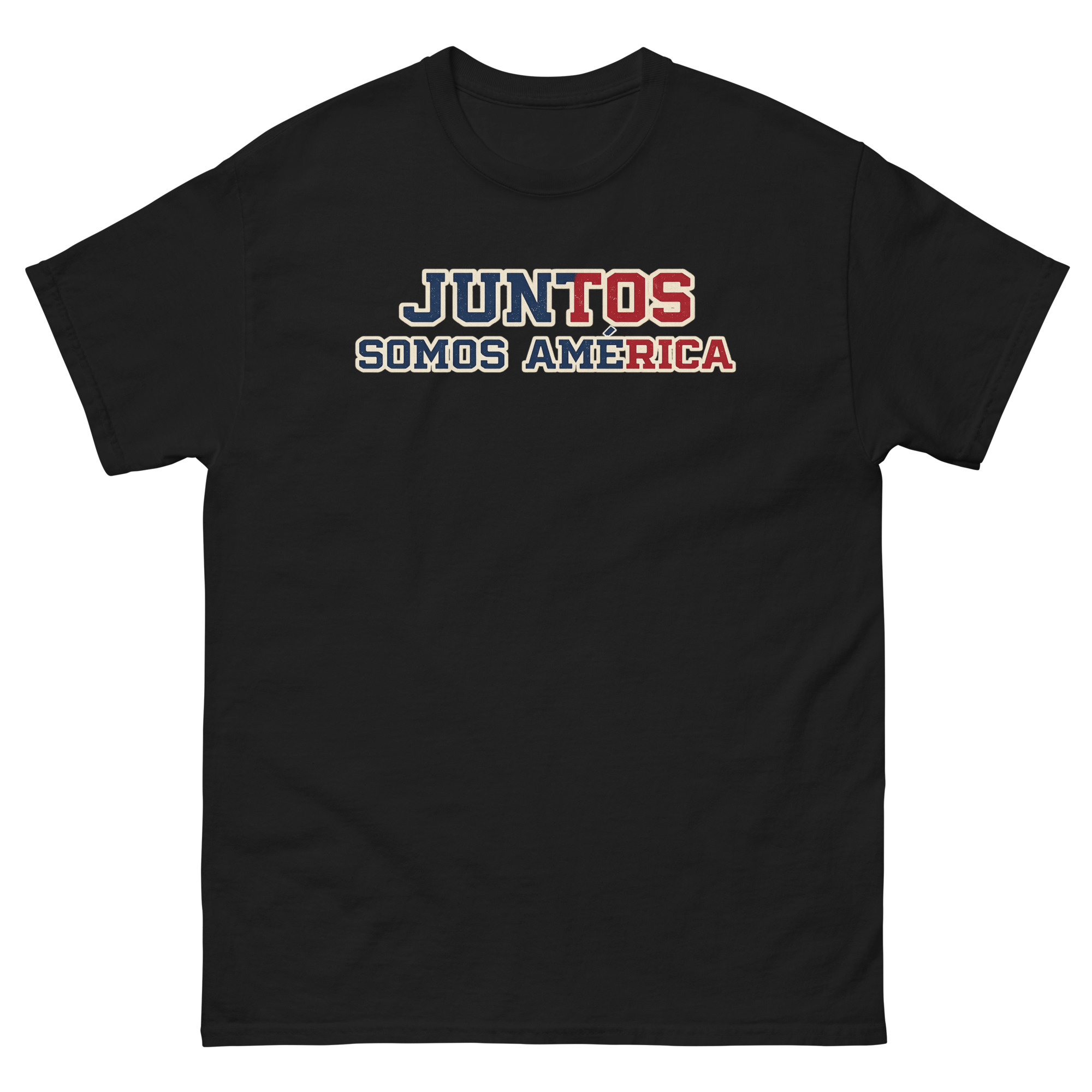 Collegiate varsity style t-shirt with Juntos Somos America Spanish slogan in distressed red and navy print