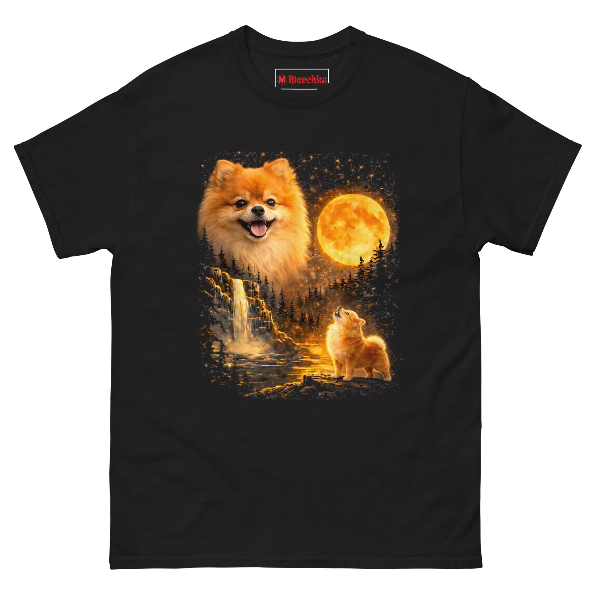 Black cotton T-shirt with Pomeranian dog graphic, glowing moon, waterfall, and mystical forest design