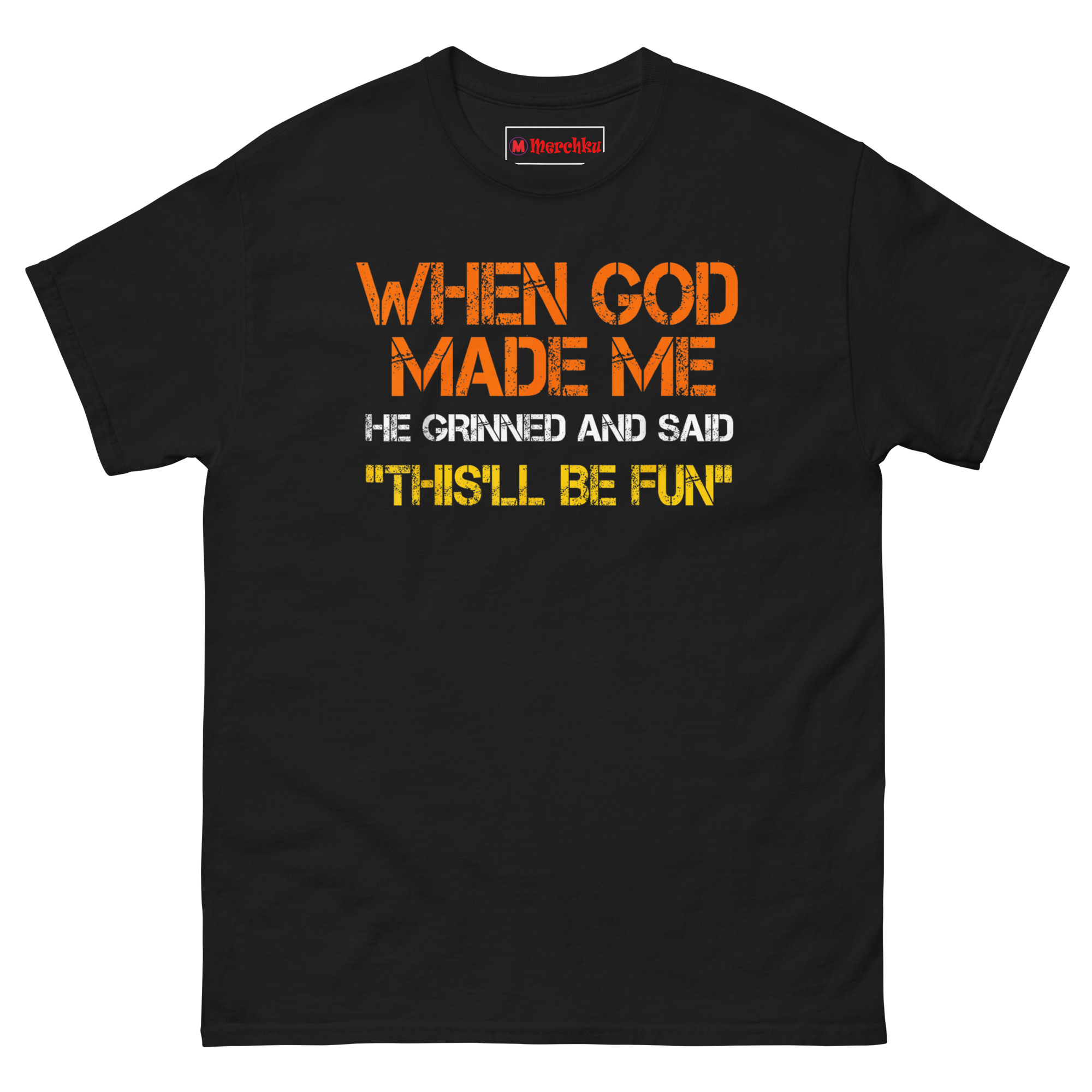 Black “When God Made Me He Grinned” Funny Christian T‑Shirt for confident men of faith