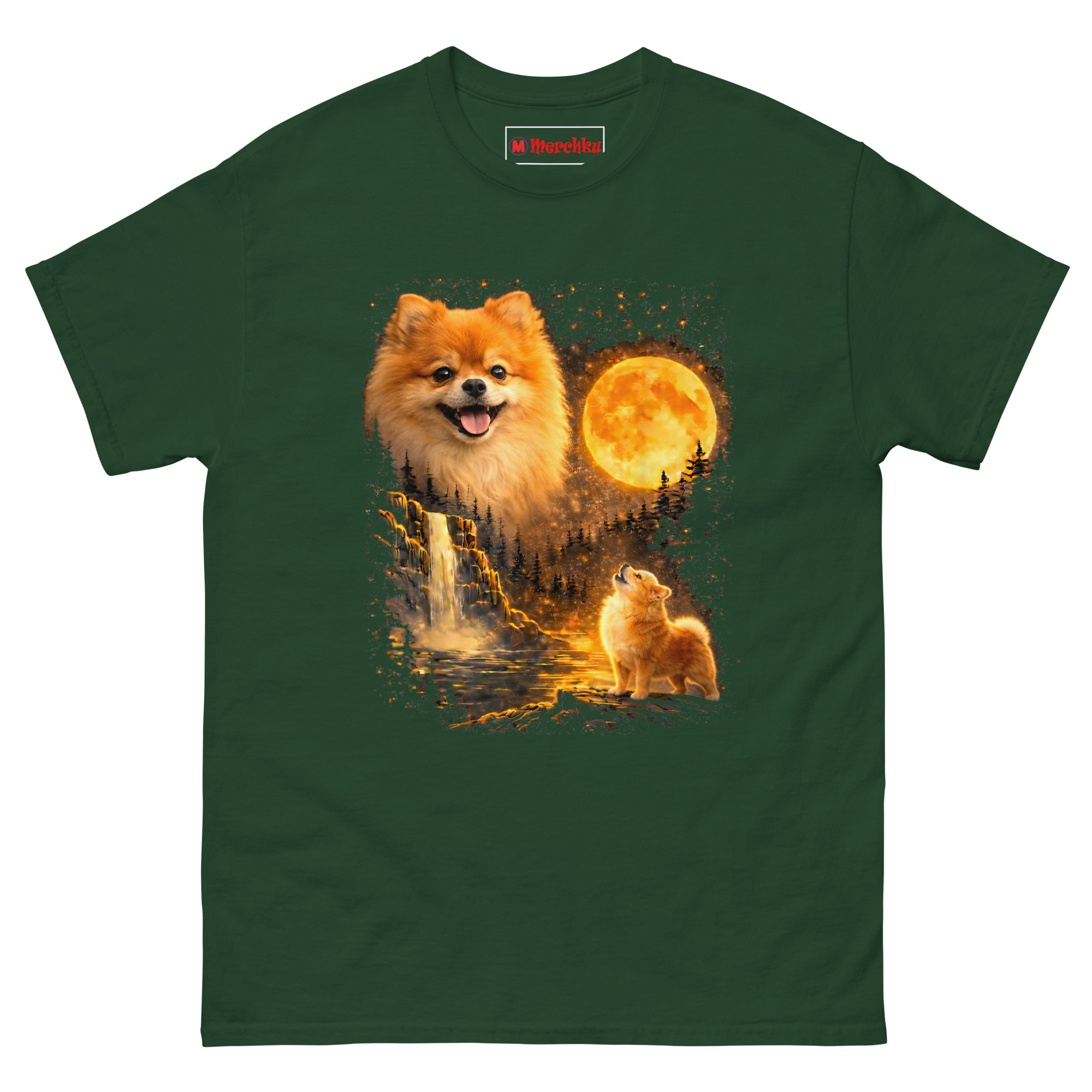 Dark green cotton T-shirt with Pomeranian dog graphic, glowing moon, waterfall, and fantasy landscape design