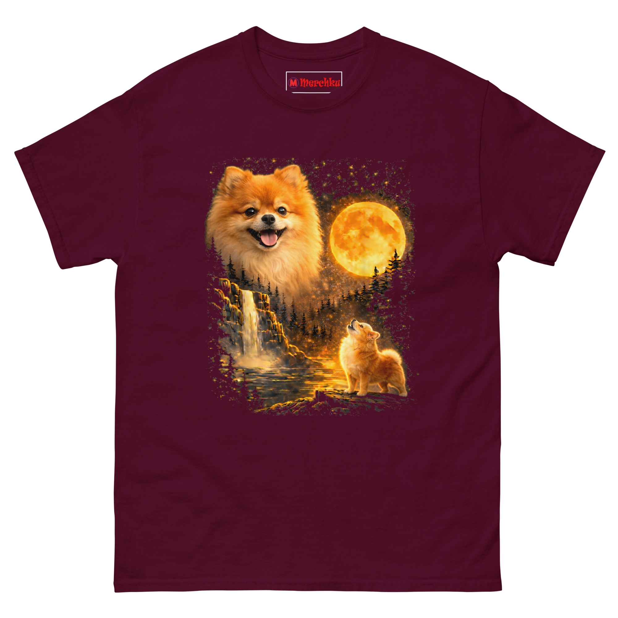 Maroon cotton T-shirt with Pomeranian dog graphic, glowing moon, waterfall, and mystical forest design