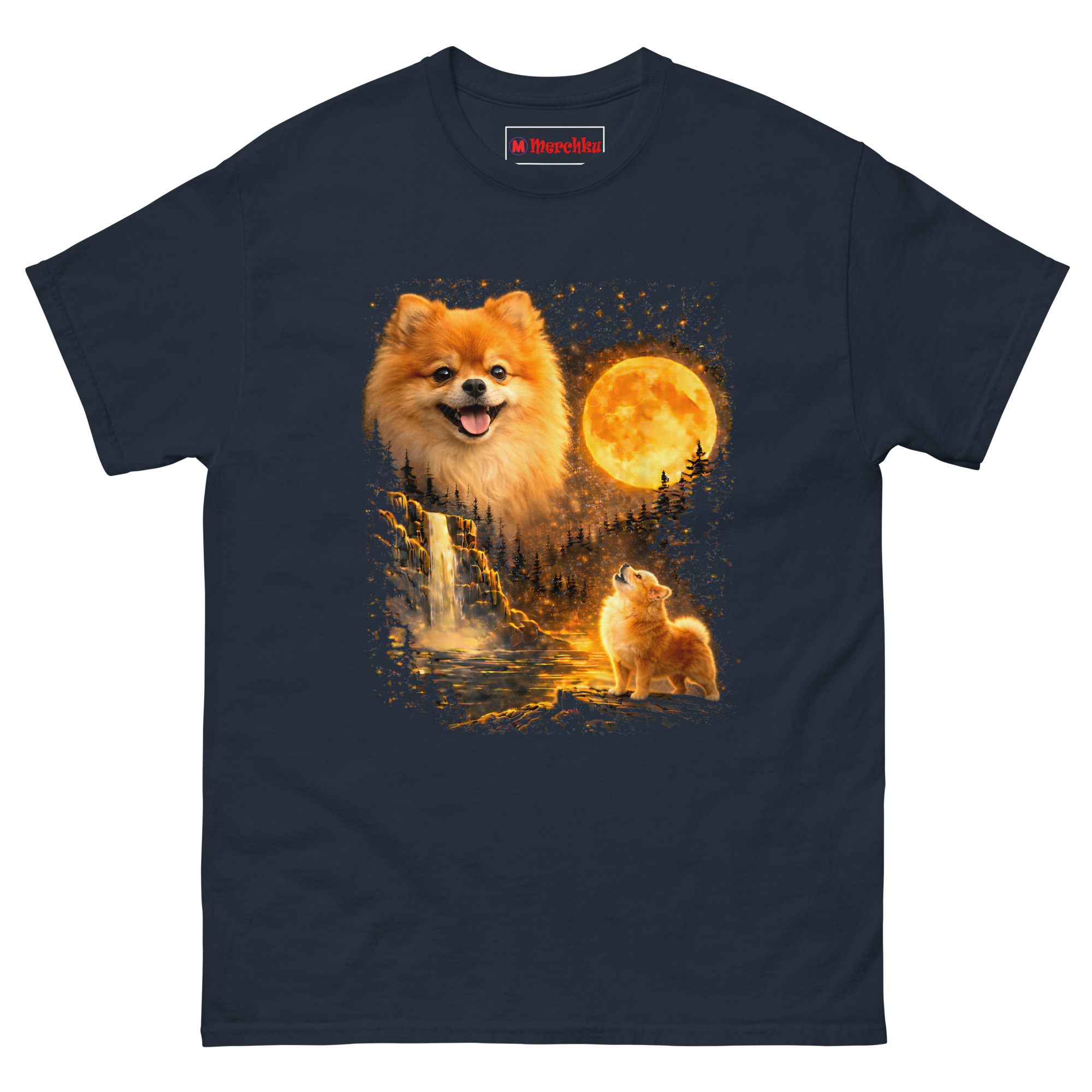 Navy blue cotton T-shirt with Pomeranian dog graphic, glowing moon, waterfall, and mystical forest design