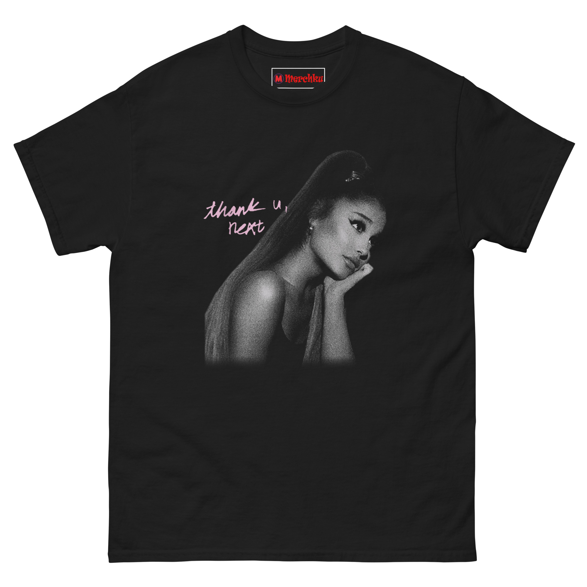 Close-up of black Ariana Grande Thank U Next T-shirt featuring a stippled halftone portrait and pink handwritten text for Arianator fan fashion.